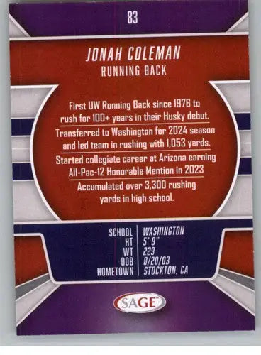 2026 Sage Retail Black #83 Jonah Coleman NM-MT NXL ID:80695 - Football Card Single