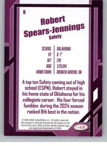 2026 Sage Retail Black #9 Robert Spears-Jennings NM-MT ID:80663 - Football Card Single