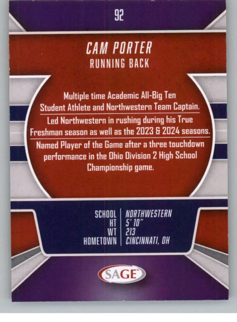 2026 Sage Retail Black #92 Cam Porter NM-MT NXL ID:80701 - Football Card Single