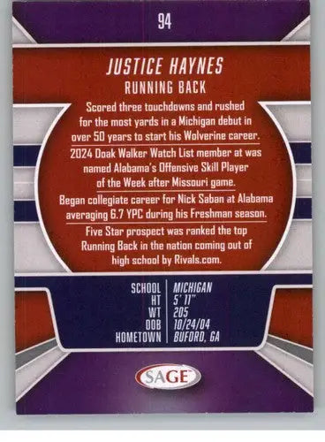 2026 Sage Retail Black #94 Justice Haynes NM-MT NXL ID:80703 - Football Card Single