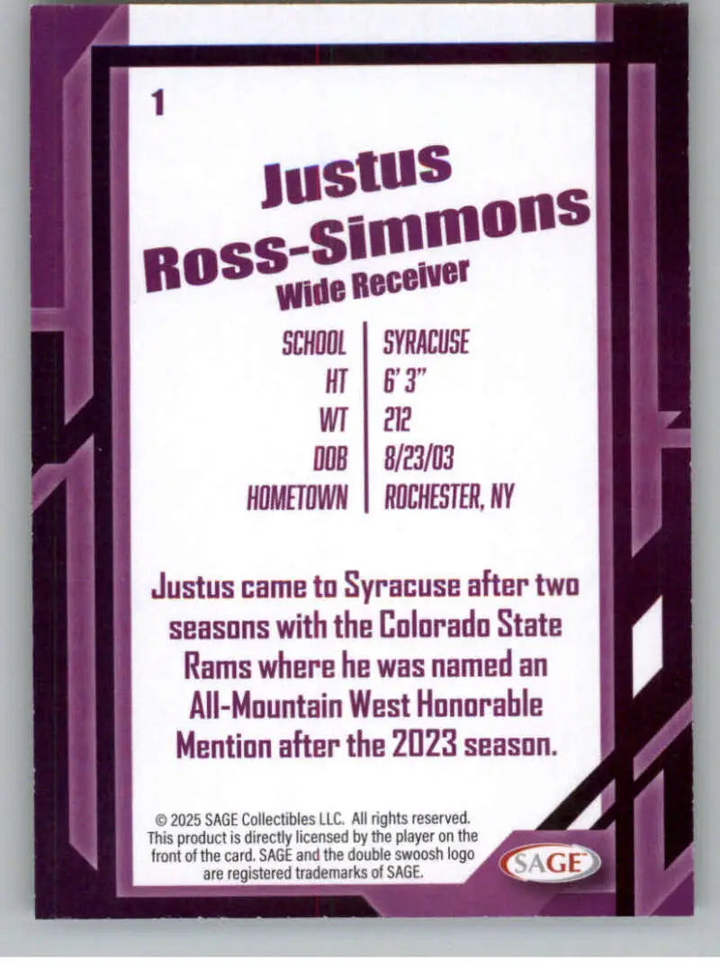 2026 Sage Retail Silver #1 Justus Ross-Simmons NM-MT ID:80611 - Football Card Single