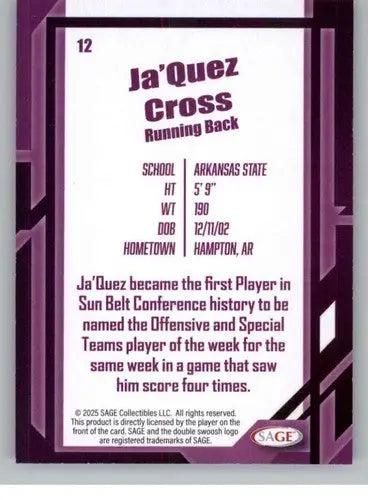 2026 Sage Retail Silver #12 Ja’Quez Cross NM-MT ID:80618 - Football Card Single