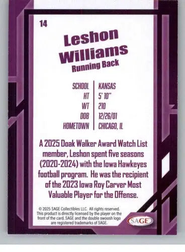2026 Sage Retail Silver #14 Leshon Williams NM-MT ID:80619 - Football Card Single