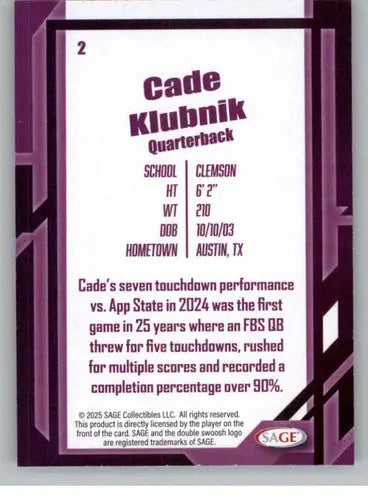 2026 Sage Retail Silver #2 Cade Klubnik NM-MT ID:80612 - Football Card Single