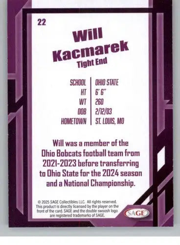 2026 Sage Retail Silver #22 Will Kacmarek NM-MT ID:80625 - Football Card Single