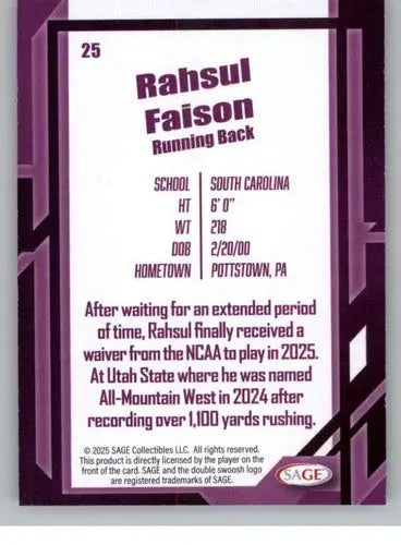 2026 Sage Retail Silver #25 Rashul Faison NM-MT ID:80626 - Football Card Single