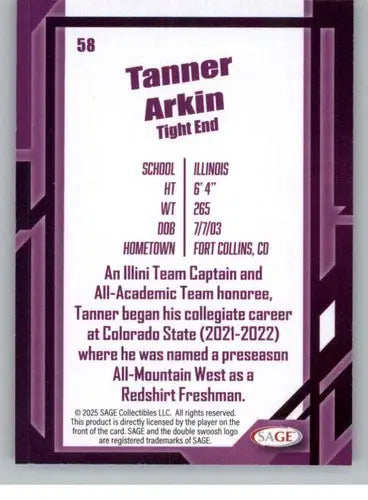 2026 Sage Retail Silver #58 Tanner Arkin NM-MT ID:80637 - Football Card Single