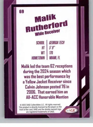 2026 Sage Retail Silver #69 Malik Rutherford NM-MT ID:80644 - Football Card Single