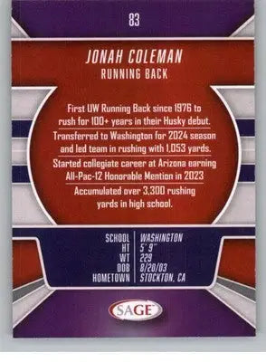 2026 Sage Retail Silver #83 Jonah Coleman NM-MT NXL ID:80649 - Football Card Single