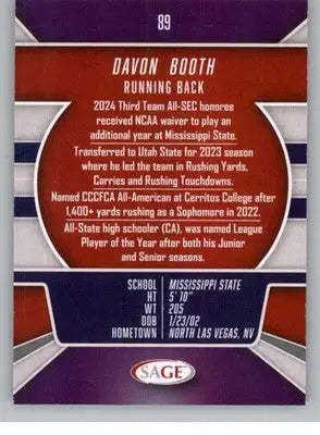 2026 Sage Retail Silver #89 Davon Booth NM-MT NXL ID:80653 - Football Card Single