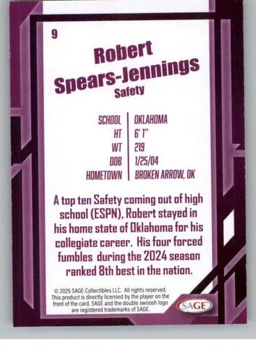 2026 Sage Retail Silver #9 Robert Spears-Jennings NM-MT ID:80616 - Football Card Single