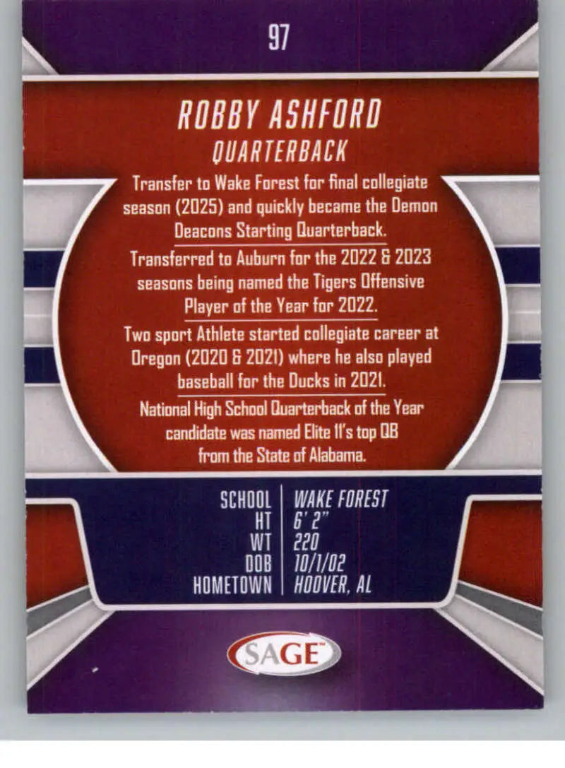2026 Sage Retail Silver #97 Robby Ashford NM-MT NXL ID:80656 - Football Card Single