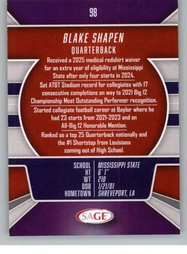 2026 Sage Retail Silver #98 Blake Shapen NM-MT NXL ID:80657 - Football Card Single