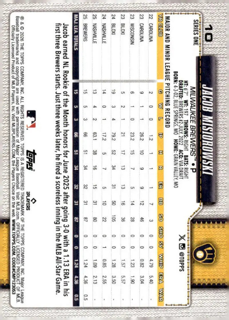 2026 Topps #10 Jacob Misiorowski NM-MT RC Rookie Milwaukee Brewers Baseball Card