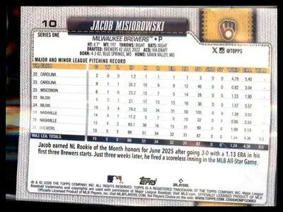 2026 Topps #10 Jacob Misiorowski RC RC - Baseball Card Single