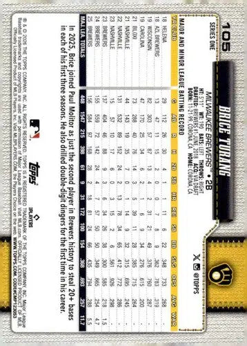 2026 Topps #105 Brice Turang NM-MT Brewers ID:82216 - Baseball Card Single