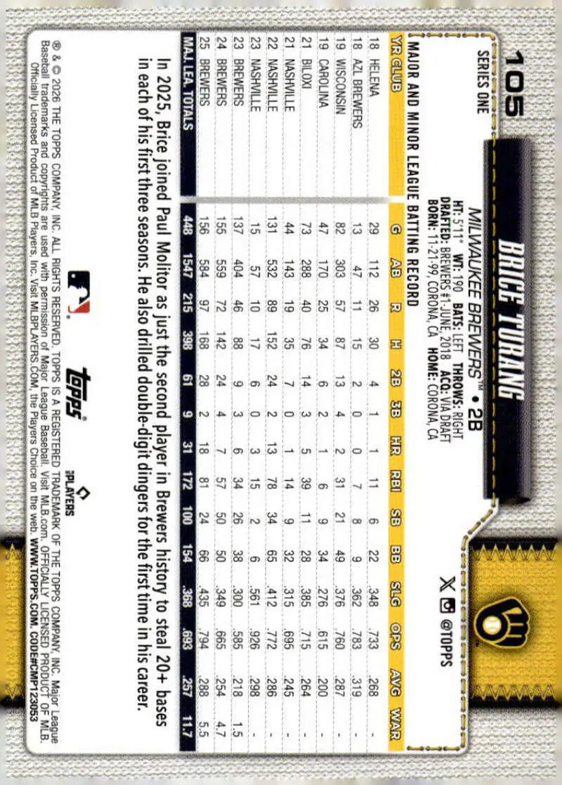 2026 Topps #105 Brice Turang NM-MT Milwaukee Brewers Baseball Card