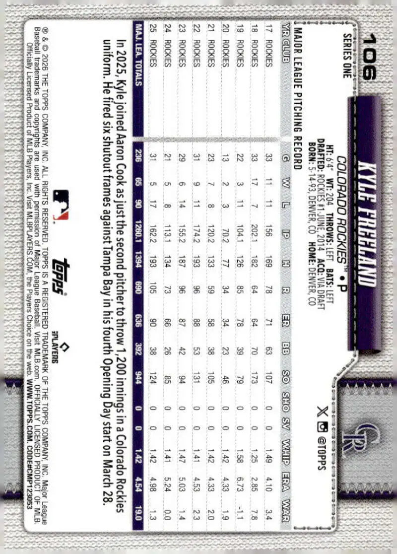 2026 Topps #106 Kyle Freeland NM-MT Colorado Rockies Baseball Card