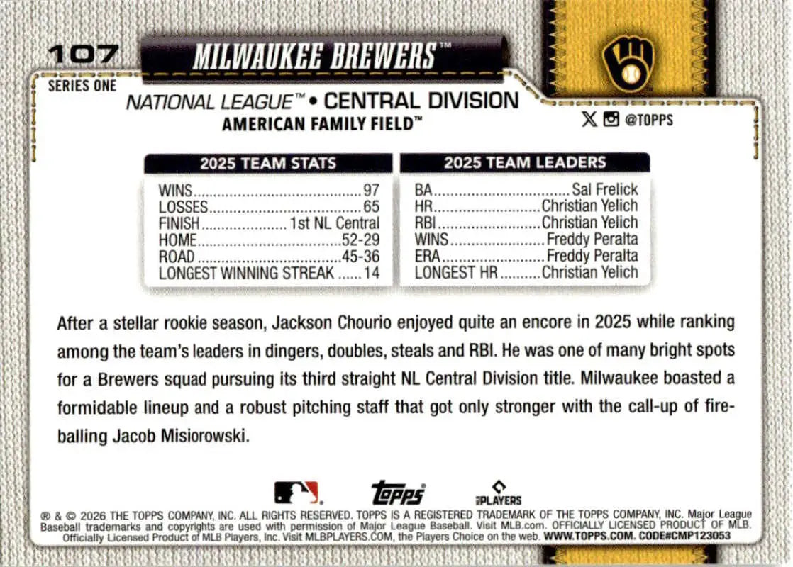 2026 Topps #107 Milwaukee Brewers NM-MT Milwaukee Brewers Baseball Card