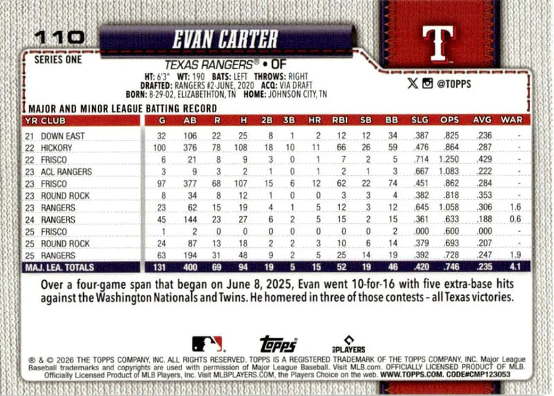 2026 Topps #110 Evan Carter NM-MT Rangers ID:82064 - Baseball Card Single