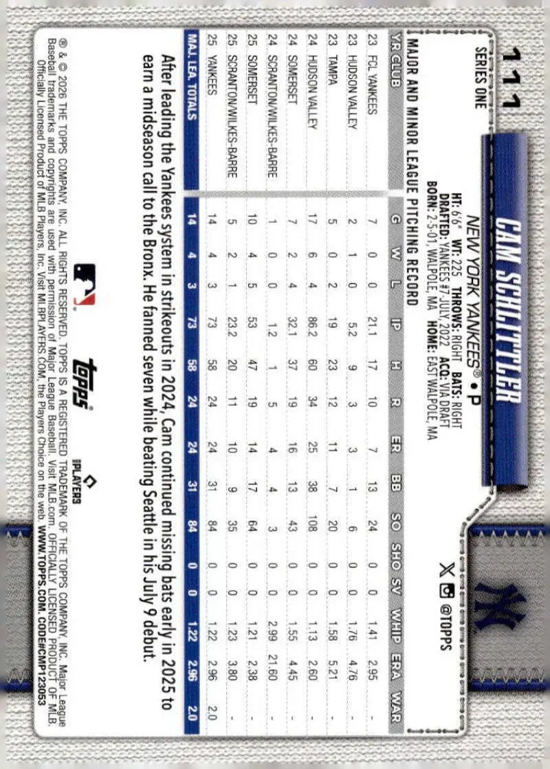 2026 Topps #111 Cam Schlittler NM-MT RC Rookie New York Yankees Baseball Card