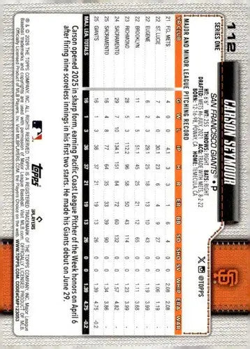 2026 Topps #112 Carson Seymour NM-MT RC Rookie Giants ID:82218 - Baseball Card Single