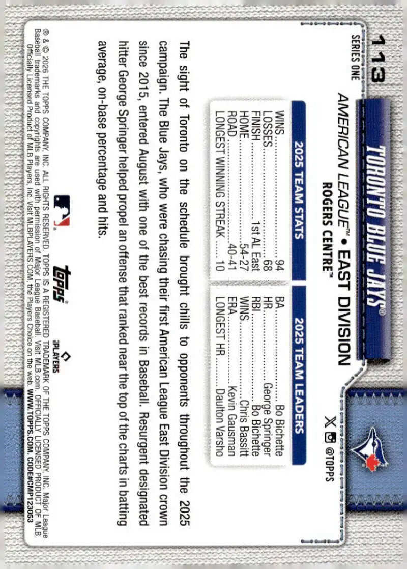 2026 Topps #113 Toronto Blue Jays NM-MT Toronto Blue Jays Baseball Card