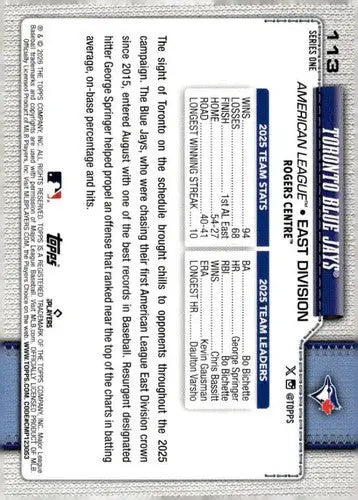 2026 Topps #113 Toronto Blue Jays NM-MT Blue Jays Team Card ID:81798 - Baseball Card Single