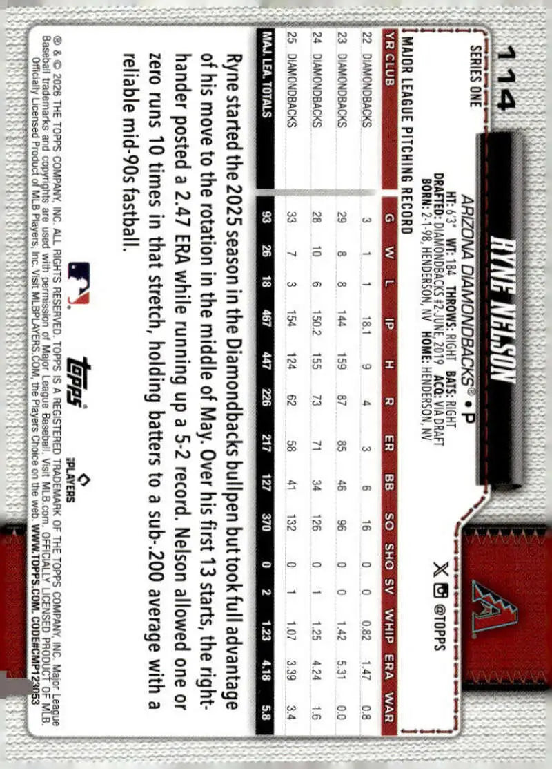 2026 Topps #114 Ryne Nelson NM-MT Arizona Diamondbacks Baseball Card