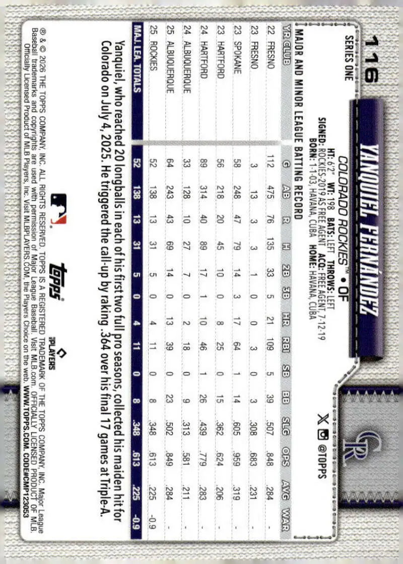 2026 Topps #116 Yanquiel Fernandez NM-MT RC Rookie Colorado Rockies Baseball Card