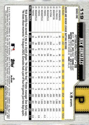 2026 Topps #119 Nick Gonzales NM-MT Pirates ID:82221 - Baseball Card Single
