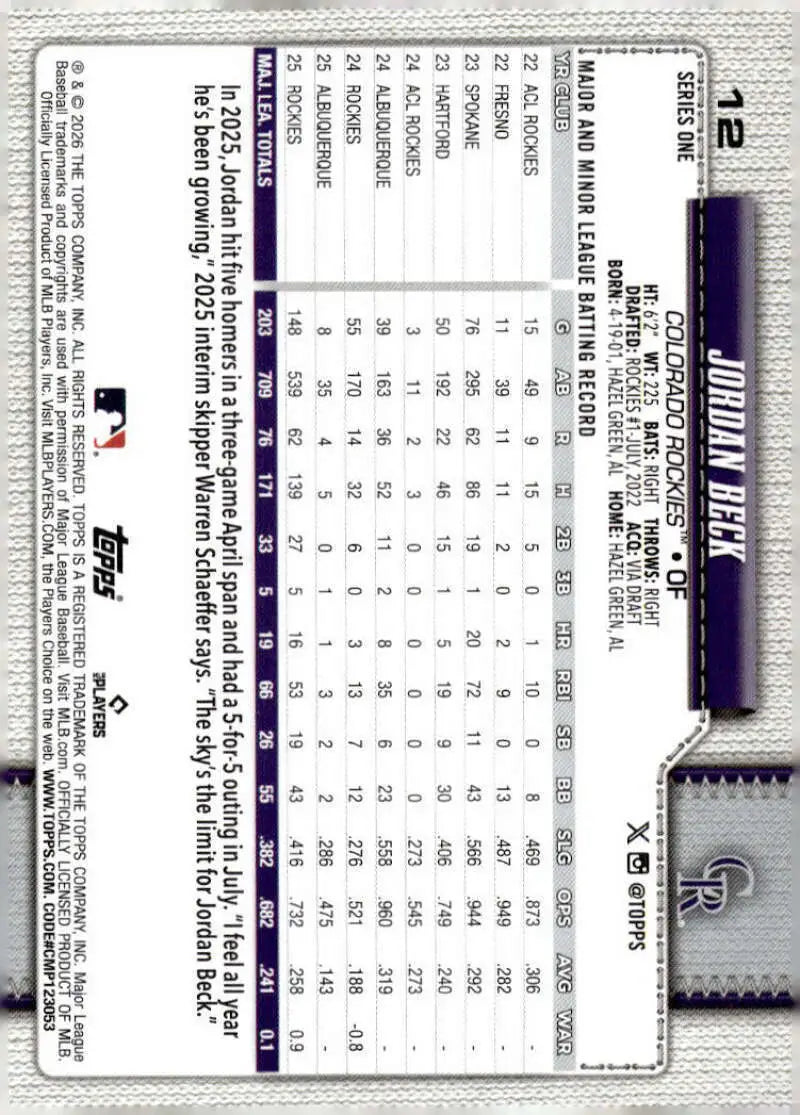 2026 Topps #12 Jordan Beck NM-MT Colorado Rockies Baseball Card