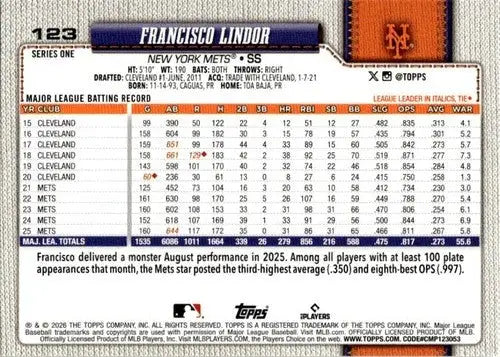 2026 Topps #123 Francisco Lindor NM-MT Mets ID:81803 - Baseball Card Single