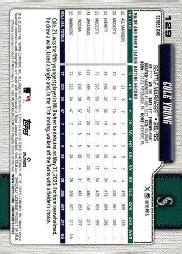 2026 Topps #129 Cole Young NM-MT RC Rookie Mariners ID:81805 - Baseball Card Single
