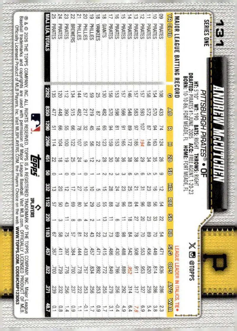 2026 Topps #131 Andrew McCutchen NM-MT Pirates ID:82225 - Baseball Card Single
