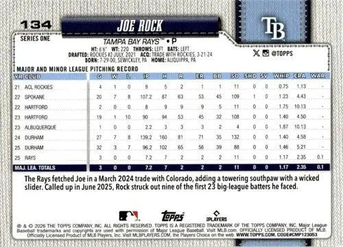 2026 Topps #134 Joe Rock NM-MT RC Rookie Rays ID:81808 - Baseball Card Single