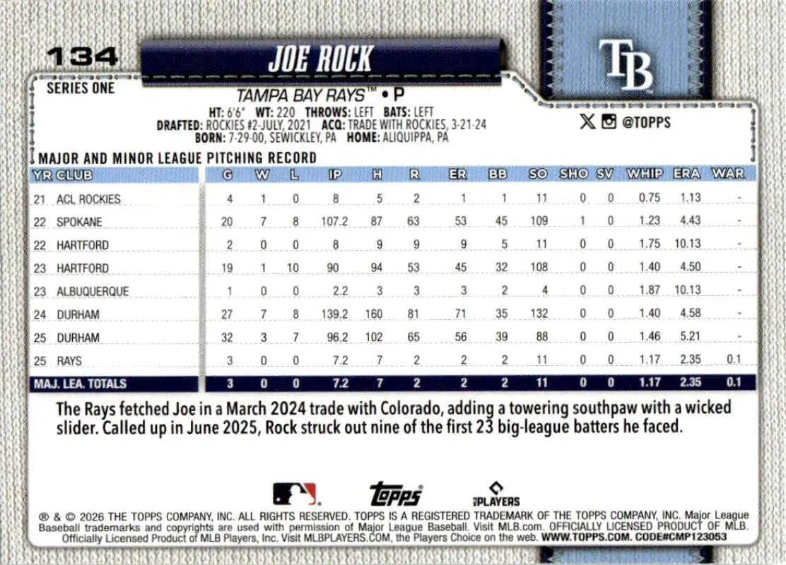 2026 Topps #134 Joe Rock NM-MT RC Rookie Tampa Bay Rays Baseball Card