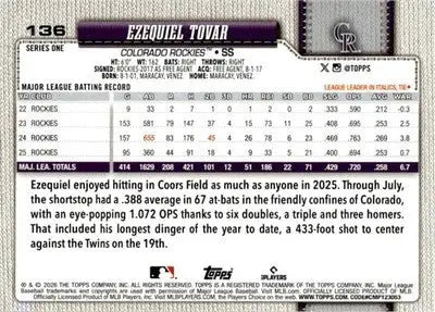 2026 Topps #136 Ezequiel Tovar NM-MT Rockies ID:82065 - Baseball Card Single
