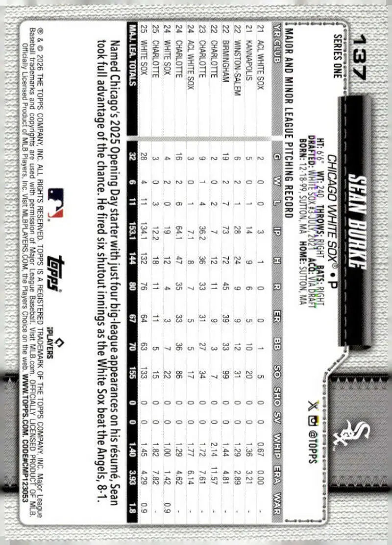 2026 Topps #137 Sean Burke NM-MT Chicago White Sox Baseball Card