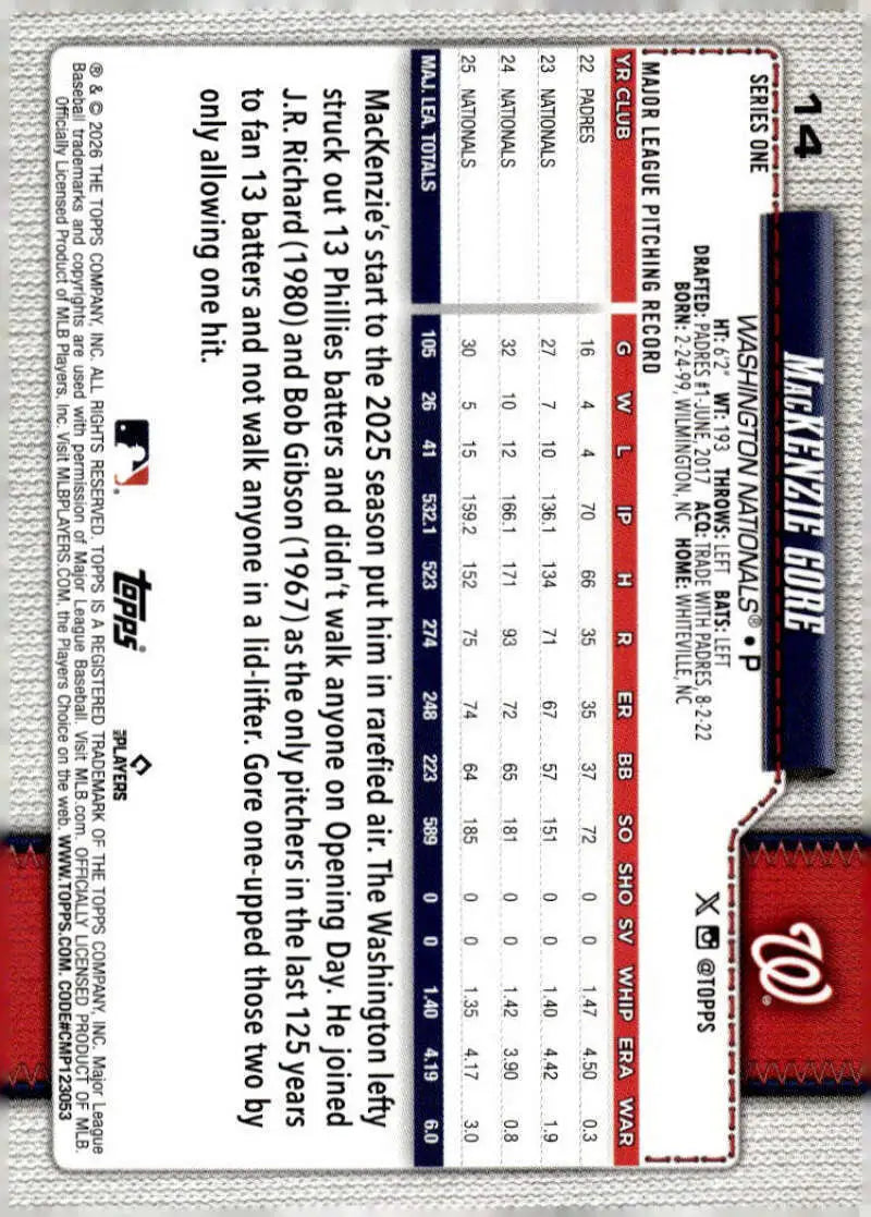 2026 Topps #14 MacKenzie Gore NM-MT Washington Nationals Baseball Card