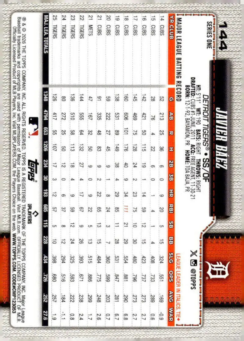 2026 Topps #144 Javier Baez NM-MT Detroit Tigers Baseball Card