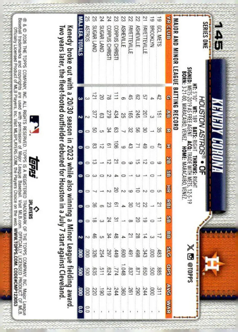 2026 Topps #145 Kenedy Corona NM-MT RC Rookie Astros ID:82226 - Baseball Card Single
