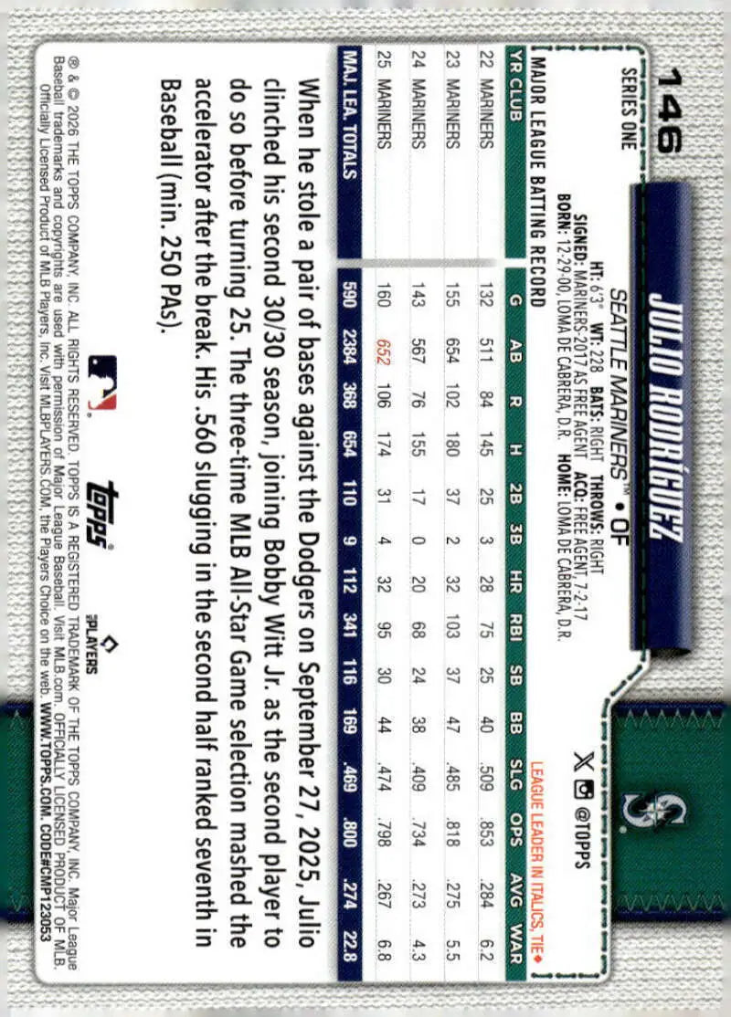 2026 Topps #146 Julio Rodriguez NM-MT Mariners ID:82227 - Baseball Card Single
