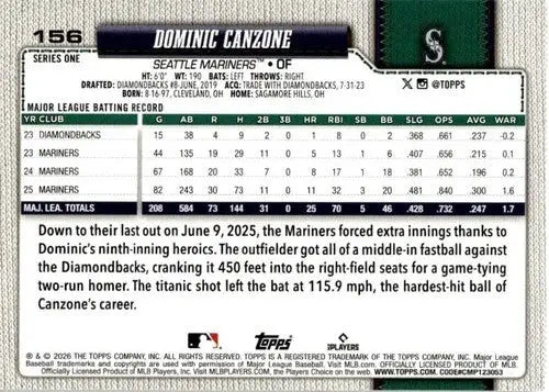 2026 Topps #156 Dominic Canzone NM-MT Mariners ID:82068 - Baseball Card Single