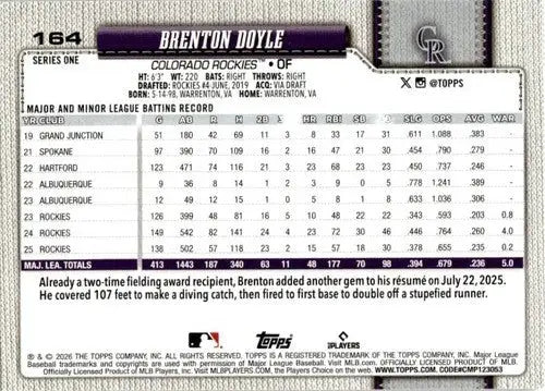 2026 Topps #164 Brenton Doyle NM-MT Rockies ID:82069 - Baseball Card Single