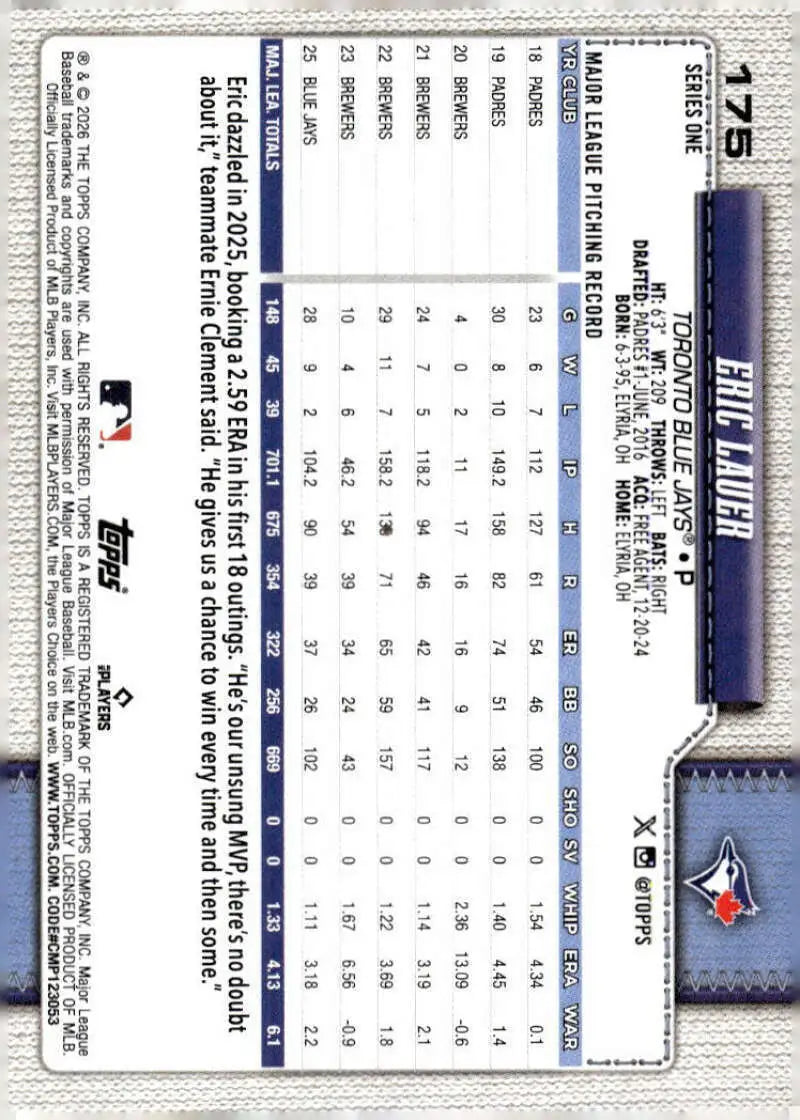2026 Topps #175 Eric Lauer NM-MT Toronto Blue Jays Baseball Card