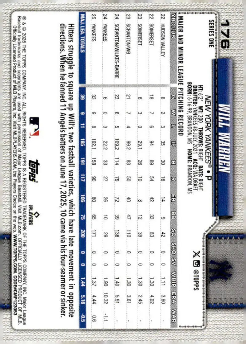 2026 Topps #176 Will Warren NM-MT New York Yankees Baseball Card