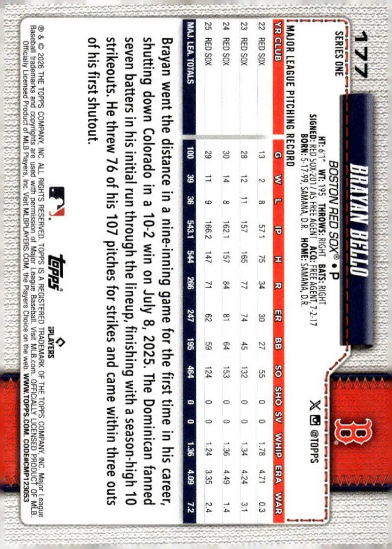 2026 Topps #177 Brayan Bello NM-MT Boston Red Sox Baseball Card