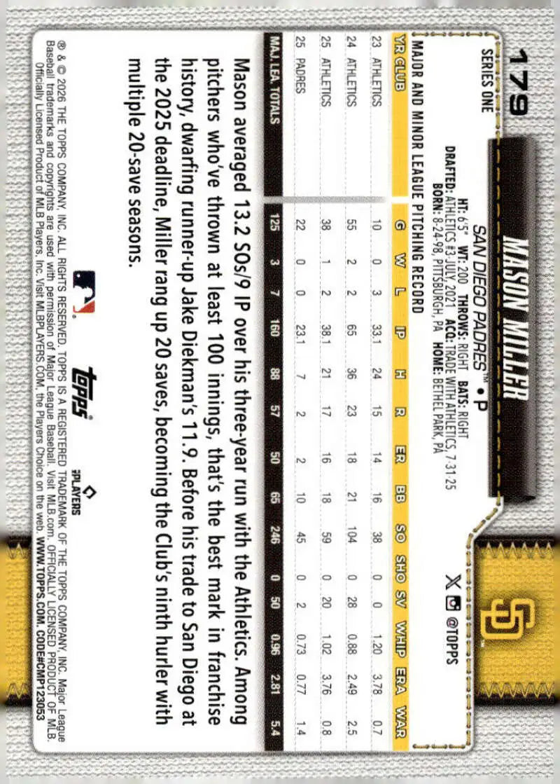 2026 Topps #179 Mason Miller NM-MT San Diego Padres Baseball Card