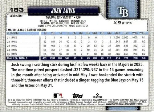 2026 Topps #183 Josh Lowe NM-MT Rays ID:81828 - Baseball Card Single